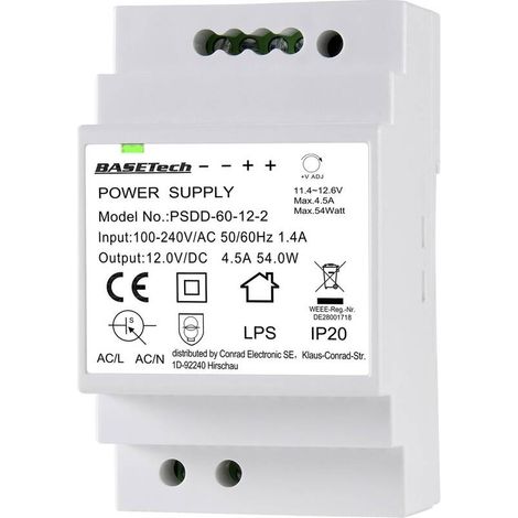 [GEBRAUCHT] B-Ware Basetech Hutschienen-Netzteil PSDD-60-12-2 12V 4.5A 54W Stromversorgung (1/2)