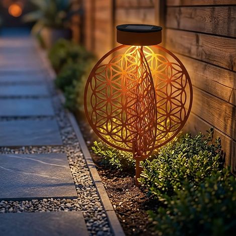 Boule solaire rouille pour extérieur Lampe solaire rouille Lampe solaire de jardin avec piquet, effet lumineux motif fleur de vie, 1x LED blanc chaud, DxH 20 x 31 cm (1/5)