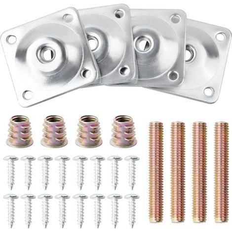 Set mit 4 Metall-Beinbefestigungsplatten inklusive Schrauben und Bolzen, M8-Befestigungsplatten für Möbelbeine, Montagehalterungen für Sofabeine, Tischbeine, Sessel, Stühle, Möbel (Silber) (1/5)