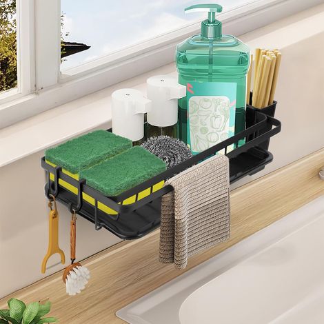1 Organiseur Evier Cuisine, Acier Carbone, Porte-Éponge, Bac Drainage, Porte-Serviette, Sans Perçage (1/5)
