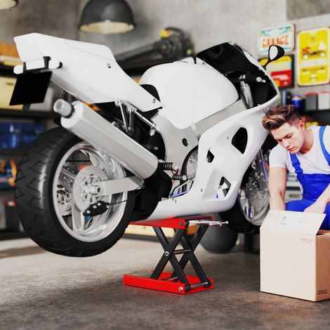 HOMCOM Lève moto béquille d'atelier stand moto tout-terrain moto cross supermotard hauteur réglable 10-37H cm acier charge max. 500 Kg rouge et noir