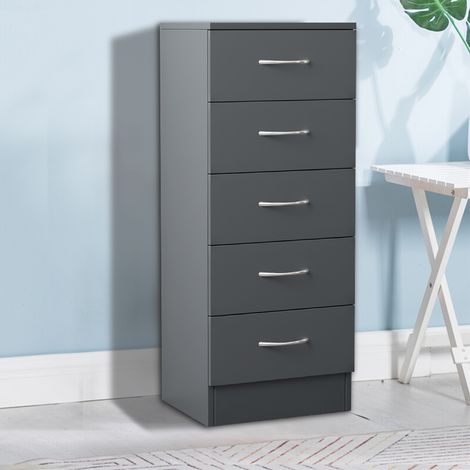NRG Chest of Drawers Bedroom Furniture Bedside Cabinet with Handle 5 Tall Narrow Drawer Grey 34.5x36x90cm (1/5)