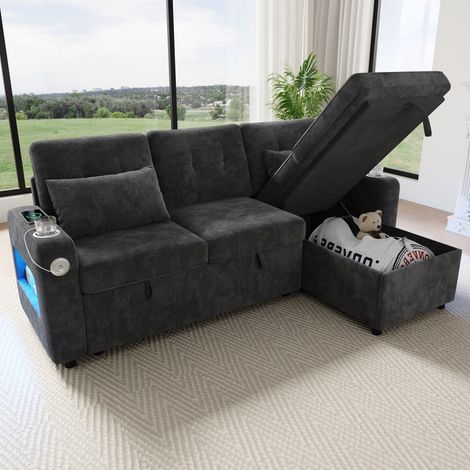 Eck-Schlafsofa L – 206 x 131 x 85 cm – Wende-Schlafsofa mit Stauraum – USB-Anschluss, LED-Beleuchtung, Getränkehalter – Moderner Chenille-Stoff – Grau