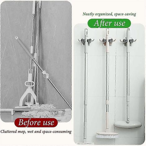 Ensemble de 4 supports muraux pour balais et serpillières, idéal pour suspendre et ranger pelles, râteaux, brosses et outils de jardinage. (1/3)