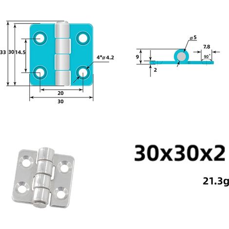 Charnière renforcée en acier inoxydable 304 (30 x 30 x 2 mm) pour équipements mécaniques, charnière plate pliante industrielle robuste, charnière à plaque rabattable. (1/5)