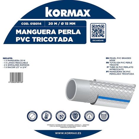 KORMAX manguera perla tricotada 15 mm + accesorios , Kit Manguera de Jardín PVC Tricotada Perla 15 mm Kormax.
- Kit completo de manguera de jardín en PVC tricotado, color perla/bla (1/2)