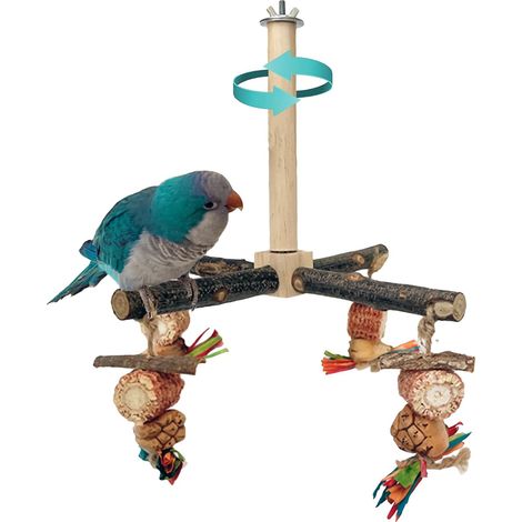 Percha giratoria de 360° para pájaros con juguetes masticables naturales - Accesorios giratorios para jaulas de pájaros - Soporte de madera para loros y aves pequeñas y medianas (periquitos, cacatúas,
