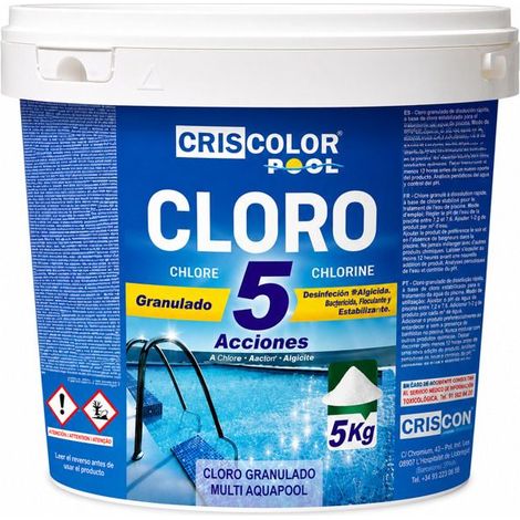 Seau du Chlore Granulé 5 Actions Criscolor Pool 5 kg,Désinfectant, Algicide et Floculant pour une Eau Saine et Cristalline (1/2)