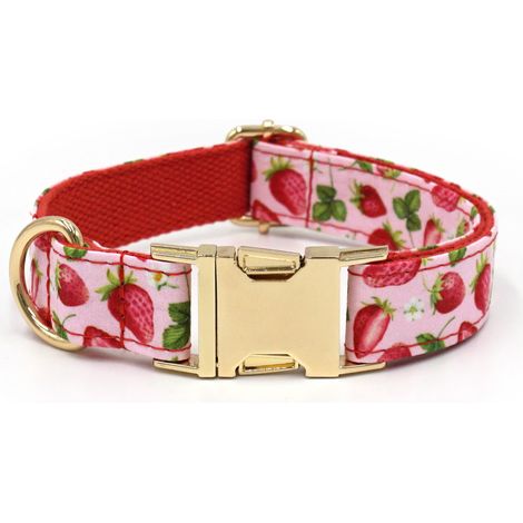 Collier de chien pour animaux / XS / Coton motif fraise et fleurs / Boucle dorée ajustable Velcro / Rose (1/2)