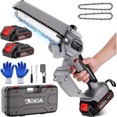 Mini Tronçonneuse à Batterie, 6 Pouces Tronçonneuse Électrique sans Fil,880W avec Injecteur de Lubrifiant et 2 Batteries, Mini Scie à Chaîne Électrique Rechargeable, 3 Chaînes (1/5)