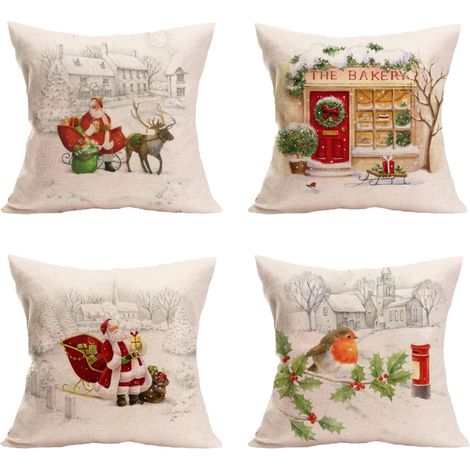 Fundas de almohada de 45 x 45 cm, fundas de almohada navideñas, hechas de algodón y lino, ideales para la decoración navideña (Santa Claus - juego de 4) (1/5)
