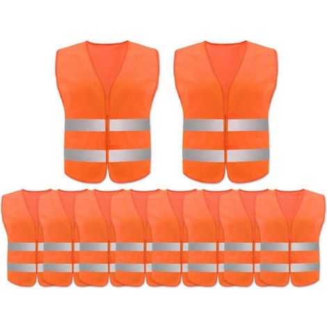 Lot de 10 Gilets de Sécurité Haute Visibilité Orange Fluo, Bandes Réfléchissantes 360°, Adultes (1/5)