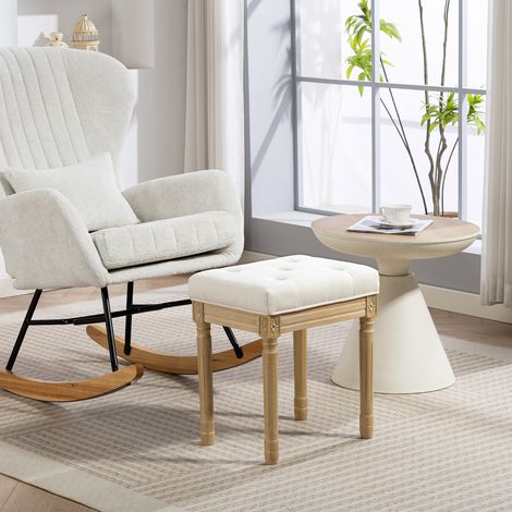 Rustikaler Wohnzimmerhocker, bezogen mit synthetischem Leinenstoff, mit geschnitzten Beinen aus Massivholz, gepolsterter Sitz, beige
