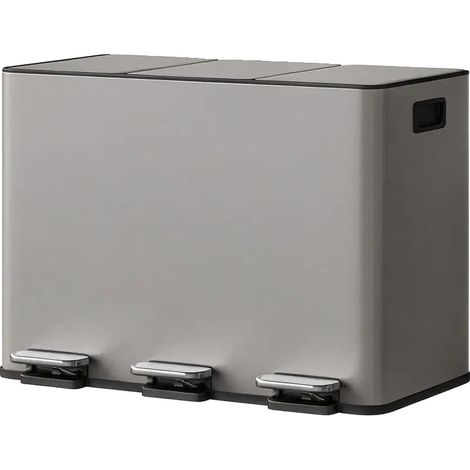 Contenedor de reciclaje de 3 compartimentos, apertura manos libres, color gris claro. (1/2)