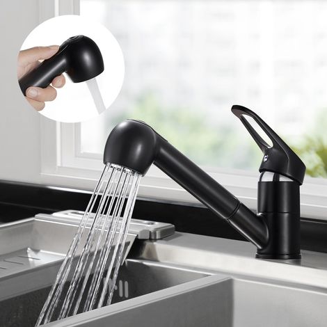 Küchenarmatur mit Ausziehbare Brause, Wasserhahn Küche Einhebelmischer mit 360° Drehbar, Hochdruck Mischbatterie Spültischarmatur mit 2 Wasserstrahlarten, Schwarz (1/5)