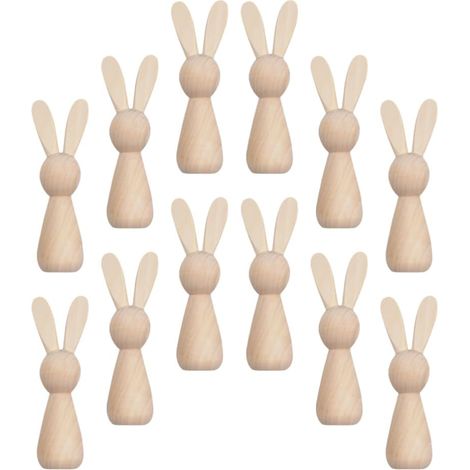 12 bambole di coniglietti in legno, kit di artigianato pasquale in legno, statuette di animali beige da decorare, 8,8 x 3 cm (1/5)
