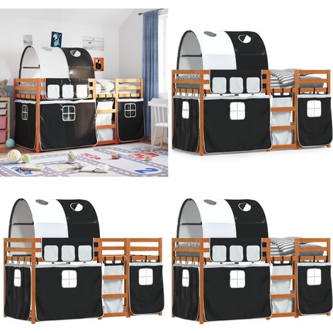 Etagenbett mit Vorhängen Weiß & Schwarz 80x200 cm Kiefernholz - Kinderzimmermöbel - Etagenbett - Hochbett - Jugendzimmer - Holzbett - Home & Living