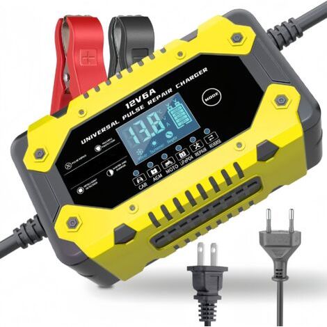 Gelbes 12V 6A Ladegerät für 12V Autobatterien, 12V Motorradbatterien und 12V Batterieladegeräte