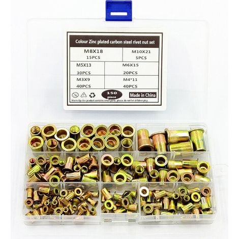 Rivet Écrous en Acier Carbone Inserts Filetés Écrou Aveugle Inox Tête Plate Rivets M3 M4 M5 M6 M8 M10 150 Pièces