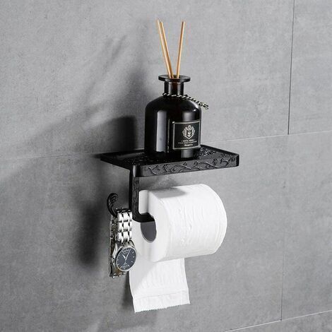Porte-rouleau de papier toilette hygiénique avec étagère pour téléphone portable, fixation murale pour salle de bain, style rétro vintage (noir)
