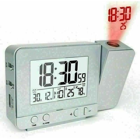Projector Alarm Clock, Digital Alarm Clock with LED Projection Screen, USB Charging, Alarm Clock with Time and Temperature Display, Calendar, Alarm Sounds, USB Port