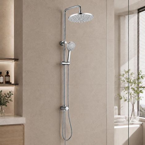 Colonne de Douche sans Mitigeur, Ensemble de Douche avec Inverseur Manuel, Pomme Douche de Tête et Douchette avec 5 Jets Salle de Bain, Chromé, Rond (1/5)