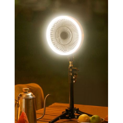 Campingventilator mit 10.000 mAh Akku, höhenverstellbarem Stativ, LED-Laterne (3 Modi), 3 Geschwindigkeiten, 180° schwenkbar und Haken