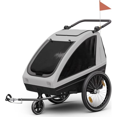 Klarfit GoKiddo Fahrradanhänger 2 Kinder - 2-in-1 Fahrradanhänger & Buggy mit Bremsen, Sicherheitsgurten, Verstellbaren Sitzen, 40kg Kapazität, Regen- & UV-Schutz, Zusammenklappbar, Hellgrau