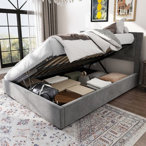 Polsterbett 140x200 cm mit Stauraum und seitlich abhebbarem Bettkasten, Doppelbett aus Samt im Chesterfield-Stil mit Lattenrost, Grau (1/5)