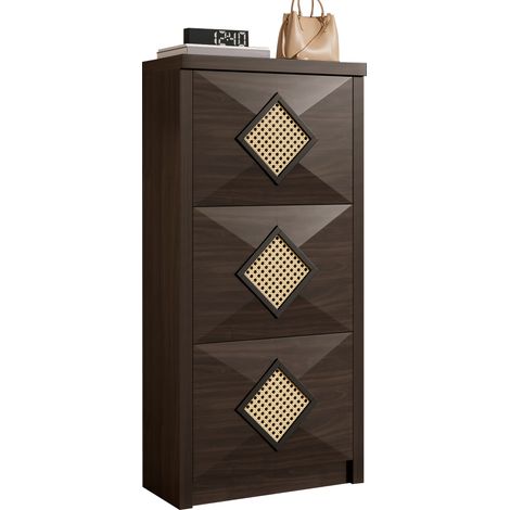 Scarpiera vintage con decorazioni in rattan, 3 scomparti a ribalta, scarpiera retrò effetto legno marrone scuro, scarpiera salvaspazio 54x25x115 cm, mobile per ingresso in stile country moderno