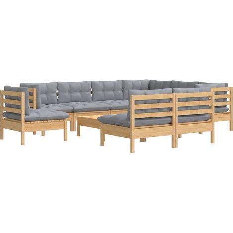 Mobili da giardino mobili da esterno Set di mobili da 10 pezzi con cuscini grigi in legno di pino massiccio 020015034