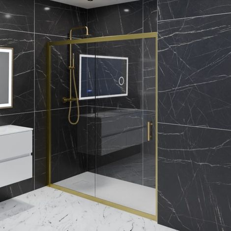 Cuisibane – Paroi de douche coulissante 170 cm – Verre trempé 6 mm – Cadre doré en aluminium – Système Stop Water pour étanchéité