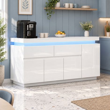 Buffet 140 x 35 x 72,5 cm avec 2 tiroirs, 4 portes, LED et blanc brillant DESVIAE (1/5)