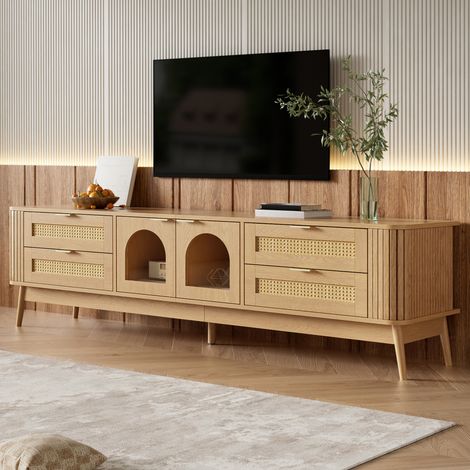 MODFU – Mobile TV 180x40x50 cm in truciolato naturale con 4 cassetti, 2 ante in vetro curvo e LED app – Naturale (1/5)