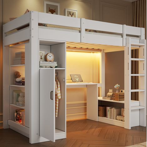 Letto a soppalco 90x200 cm bianco in legno massello e MDF con armadio, scrivania, LED e presa USB (1/5)