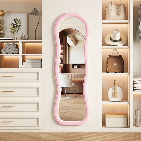 Miroir sur Pied 160x50 cm à forme ondulée, cadre en flanelle douce anti‑choc, miroir à poser ou mural pour chambre, salon, dressing - Rose (1/5)