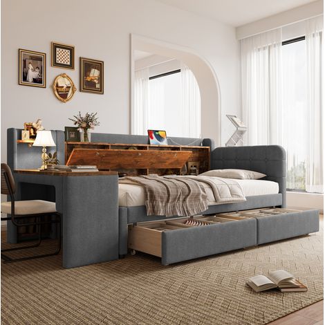 Lit banquette moderne 90x200 cm en lin gris et MDF, avec tête de lit USB/Type-C, 2 tiroirs, bureau et rangement (1/5)
