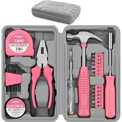 Kit d'Outils DIY 24pc Rose. Petite Boîte à Outils Idéale pour Débutants, pour la Maison & le Bureau (1/4)