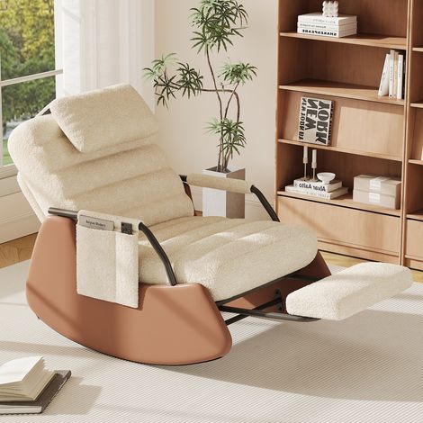 JOOKGBD–Schaukelstuhl, Relaxsessel, Loungesessel, Stillstuhl, mit Fußstütze, verstellbare Rückenlehne (bis 180°), 3 Positionen, Schaffell, beige