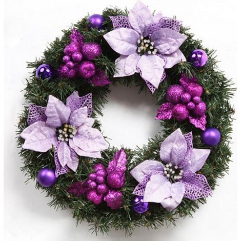 Guirlande De Noël - Boules Rouges Et Fleurs Artificielles - Pour Porte Mur Cheminée Arbre - 40 x 40 x 4 cm - Or Rouge Argent Violet - 1 Pièce (1/5)