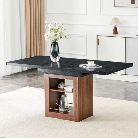 Table à manger extensible 130-160 cm avec étagère intégrée, design fonctionnel, MDF noir aspect bois (1/5)