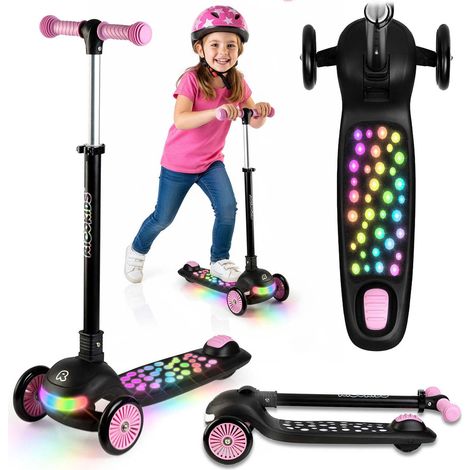 Patinete de equilibrio de tres ruedas Ricokids Glowi con luces LED para niños - negro y rosa (1/5)