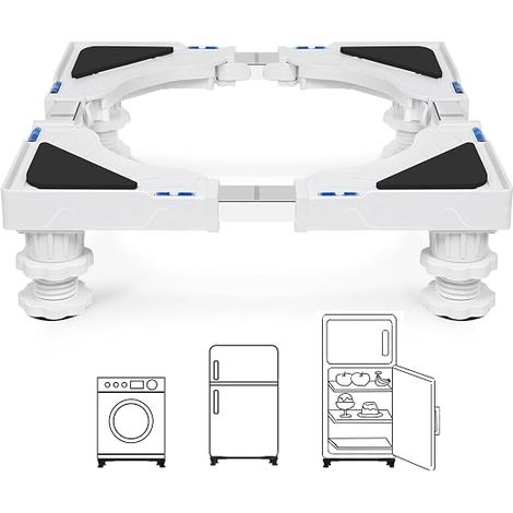 Washing Machine Stand with 4 Padded Lockable Feet, Adjustable Width 40-62 cm and Height 10-12.5 cm, Washing Machine Base Load 200 kg, Fridge Bases and Dryer, White (1/5)