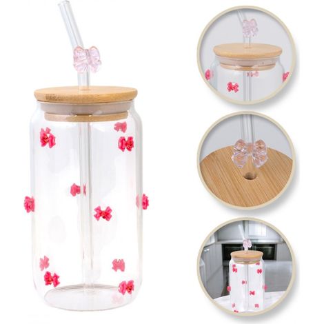 Glas, rosa Schleifen mit Strasssteinen - mit Strohhalm und Bambusdeckel 460 ml - SZK135