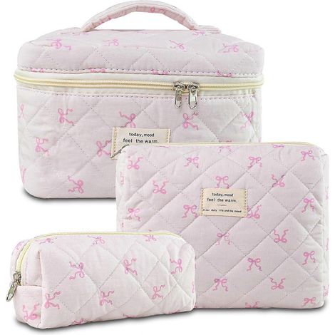 Trousse de maquillage matelassée, ensemble de trousses cosmétiques en coton à motif floral, grande trousse de toilette de voyage avec nœud Coquette (1/5)