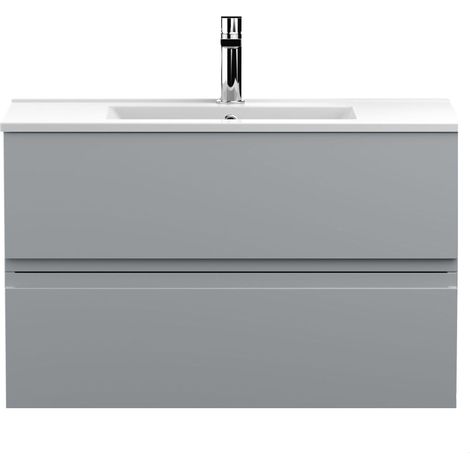 Mavesyn Contemporary 2 Drawer Wall Hung Vanity Unit with Minimalist Basin, Satin Grey, 800mm