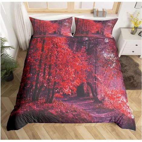 Ensembles de motifs d'arbres rouges de Housse de Couette Feuille d'automne Branche Parure de Lit 240x260cm Paysage naturel - INR (1/4)