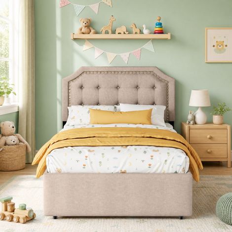 Letto imbottito per adulti 90x200 cm, con 2 cassetti e testiera regolabile, in tessuto e MDF, beige scuro, senza materasso (1/5)
