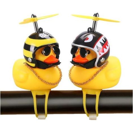 Lot de 2 ornements de voiture canard en caoutchouc, décorations de canard jaune pour tableau de bord de voiture, cornes de vélo canard à presser avec casque à hélice, bandage et chane dorée (1/5)