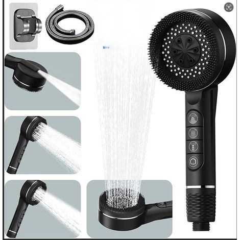 Pommeau de douche haute pression anticalcaire, filtre inclus, flexible de 1,5 mètre avec support, 4 jets, bouton d'arrêt, noir (1/4)